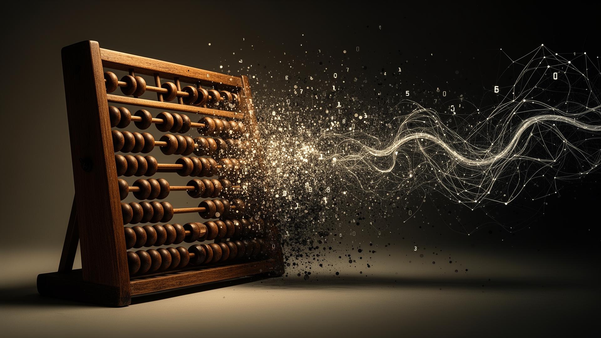 An antique abacus dissolving into glowing data particles